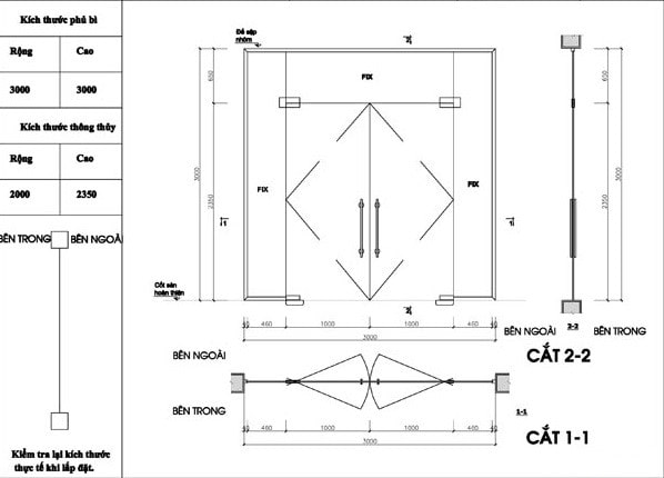 Bản vẽ CAD cửa kính lùa với vách fix